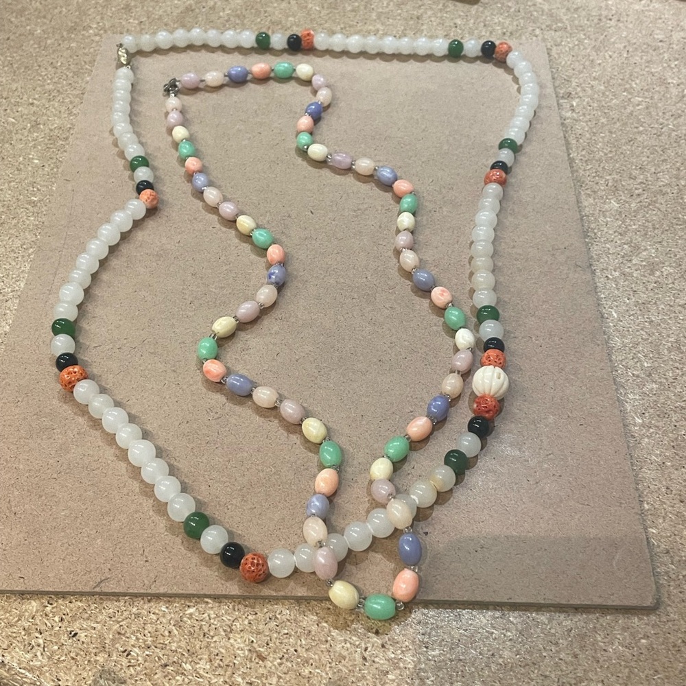 Vintage Set Necklaces, 1) Silver Clasp Precious Stones/ 2) Plastic beads